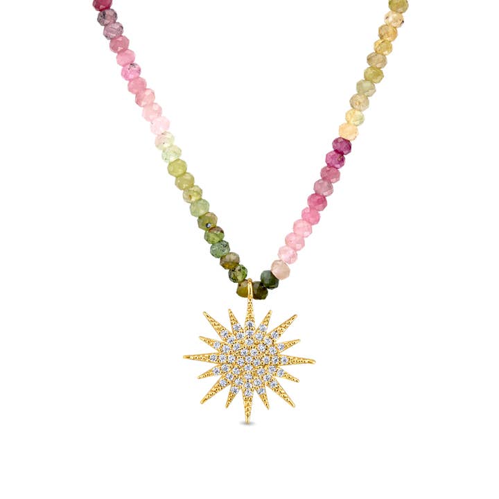 Amelia Rose Jewelry - Wholesale Beaded/Pearl Necklace - Gemstone Sunburst Rainbow Necklace - Watermelon Tourmaline