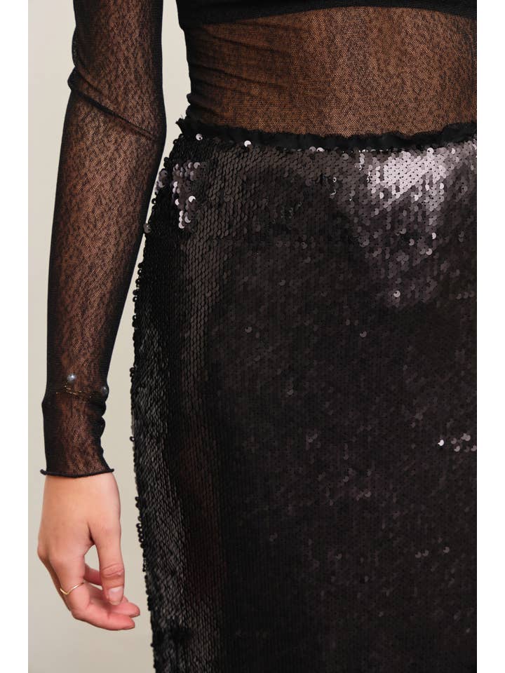 Mustard Seed - Wholesale Skirt - Women's - LAYERED MESH BACK SLIT SEQUIN MIDI SKIRT