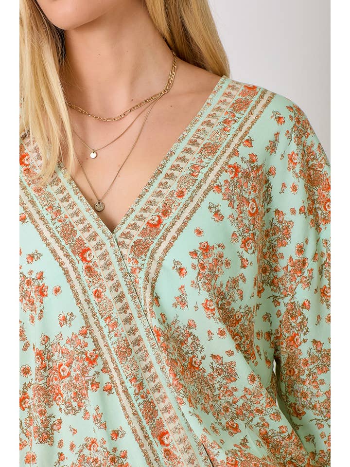 Mystree - Wholesale Blouse - Women's - 60534 Border Print Front Wrap Kimono Top