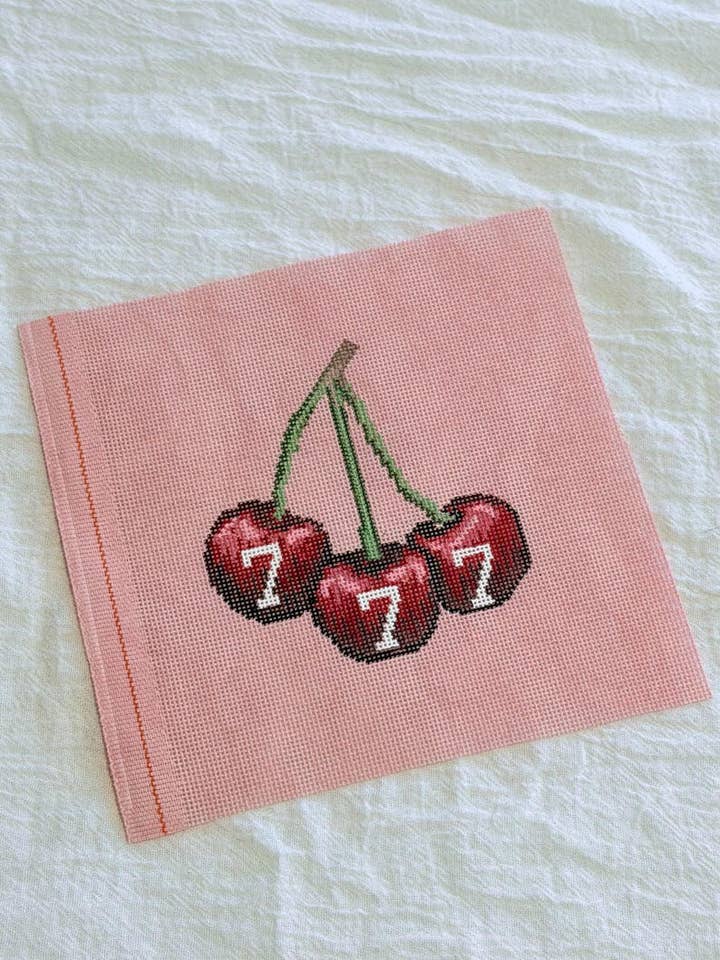 Lucky Cherries 777 HandPainted Needlepoint Canvas on pink vintage 18 mesh for wholesale by Lets Stitch Studio