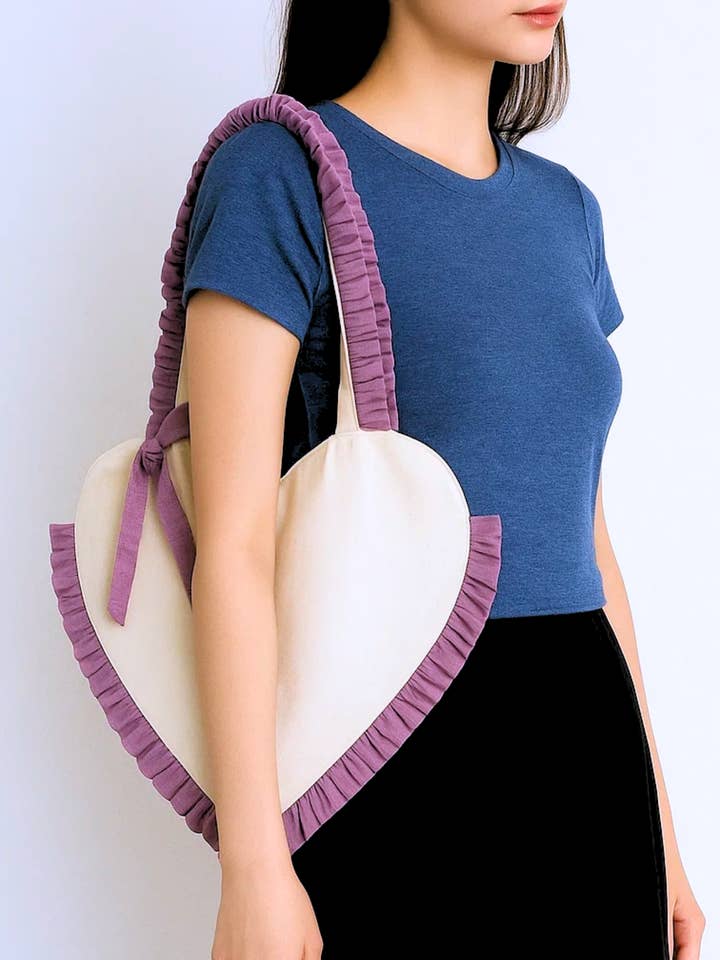 Heart Canvas Tote Bag | Pink & Purple Tote Bag | Ruffle for wholesale by House of Kraft