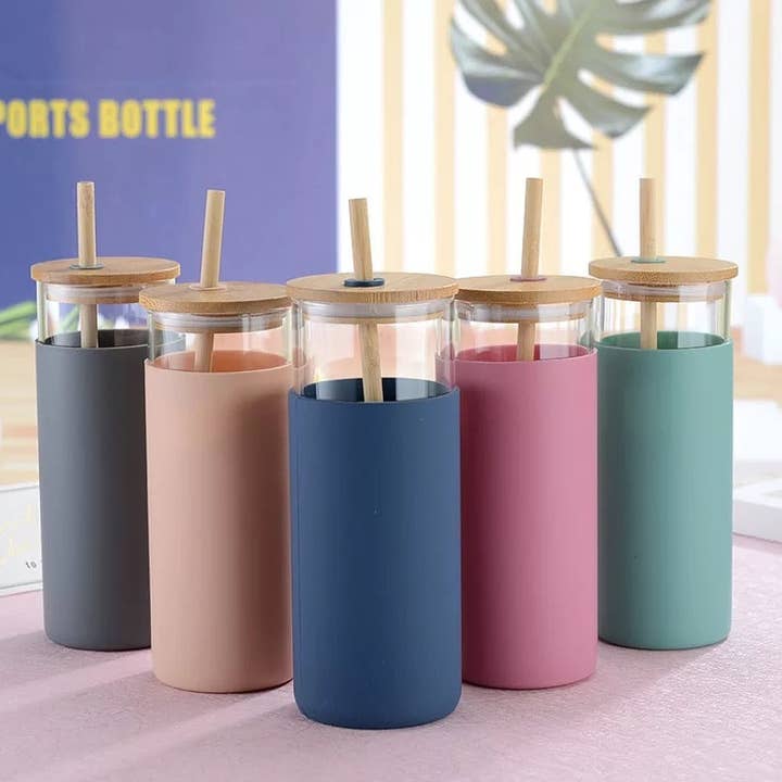 KW Custom Creations - Wholesale Drinking Glass/Cup - DISCONTINUED: Glass Tumbler w/Silicone Sleeve + Bamboo Lid/Straw