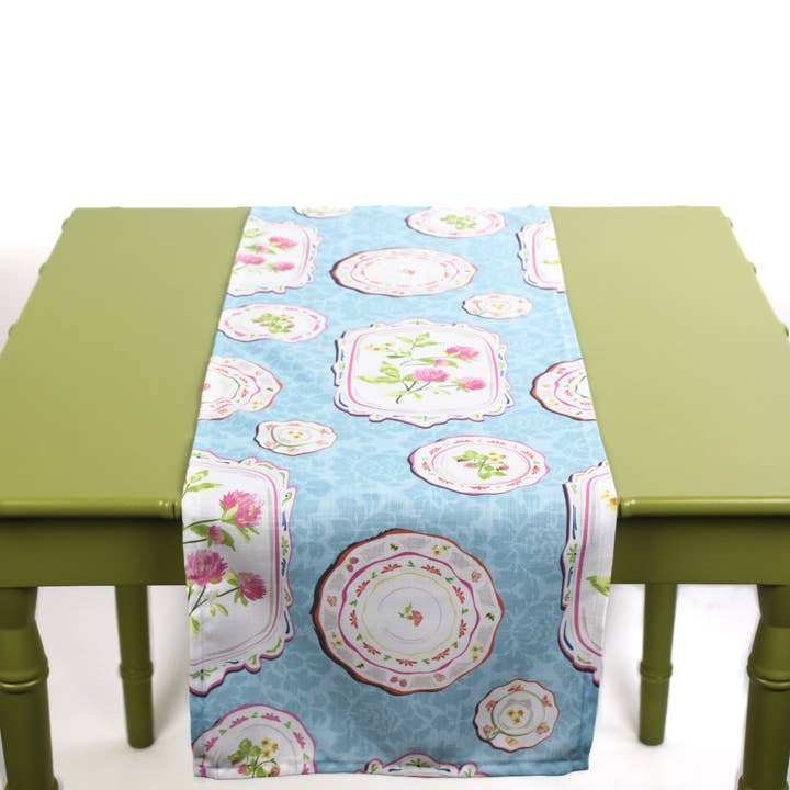 Society Hill Painted Plates Cloth Table Runner - Blue for wholesale by Madcap Cottage