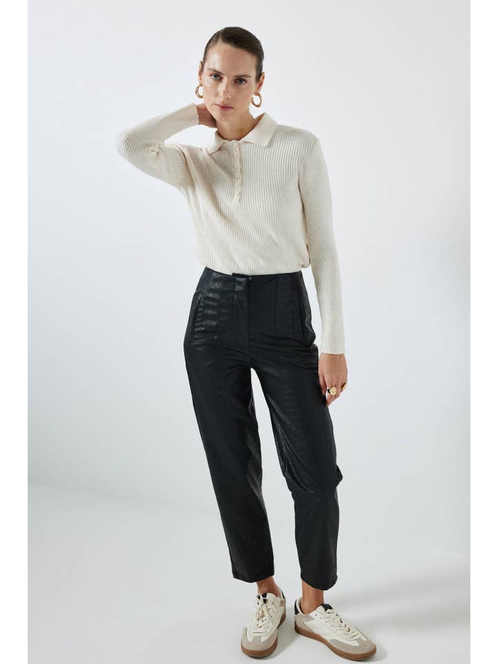 Black HIGH-WAİSTED CROCODILE PRINT LEATHER PANTS for wholesale on Faire