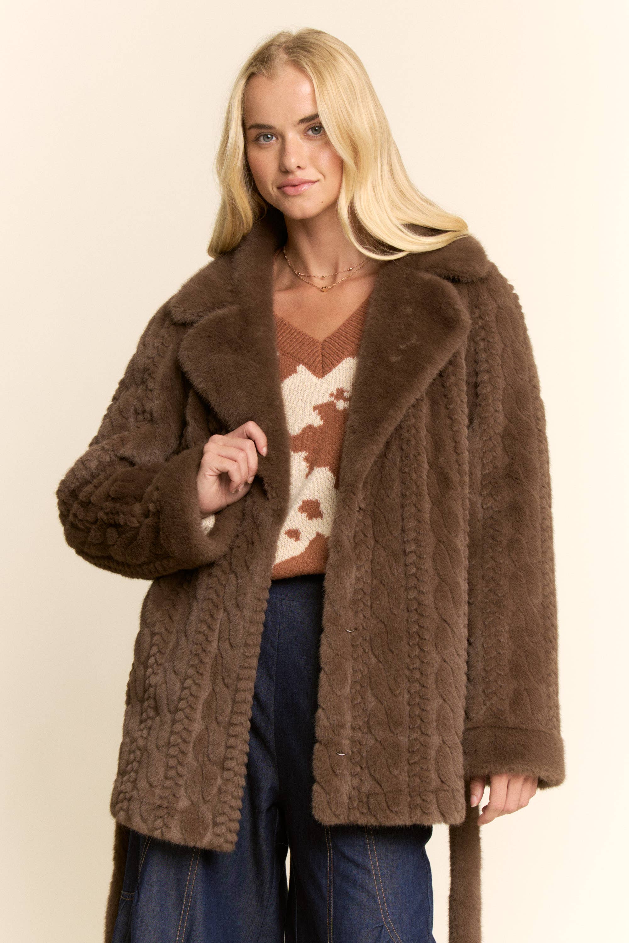 Brown TEXTURED FAUX FUR BELTED COAT for wholesale on Faire1
