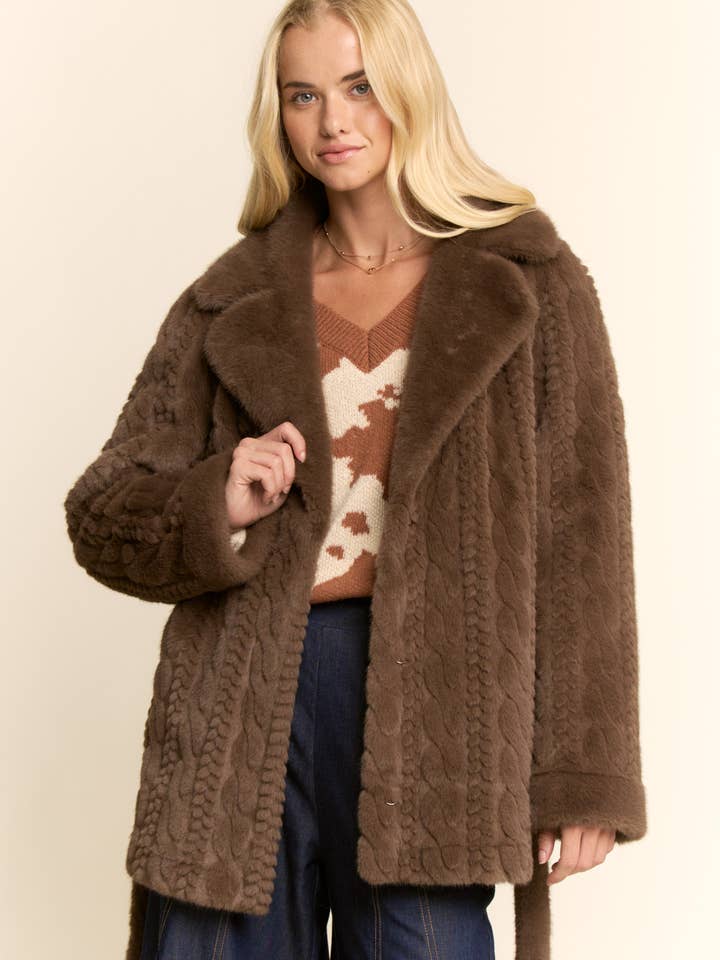 Brown TEXTURED FAUX FUR BELTED COAT for wholesale on Faire1