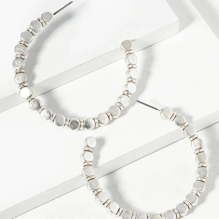 WORN SILVER 45mm Metallic Beads Hoop Earrings for wholesale on Faire0