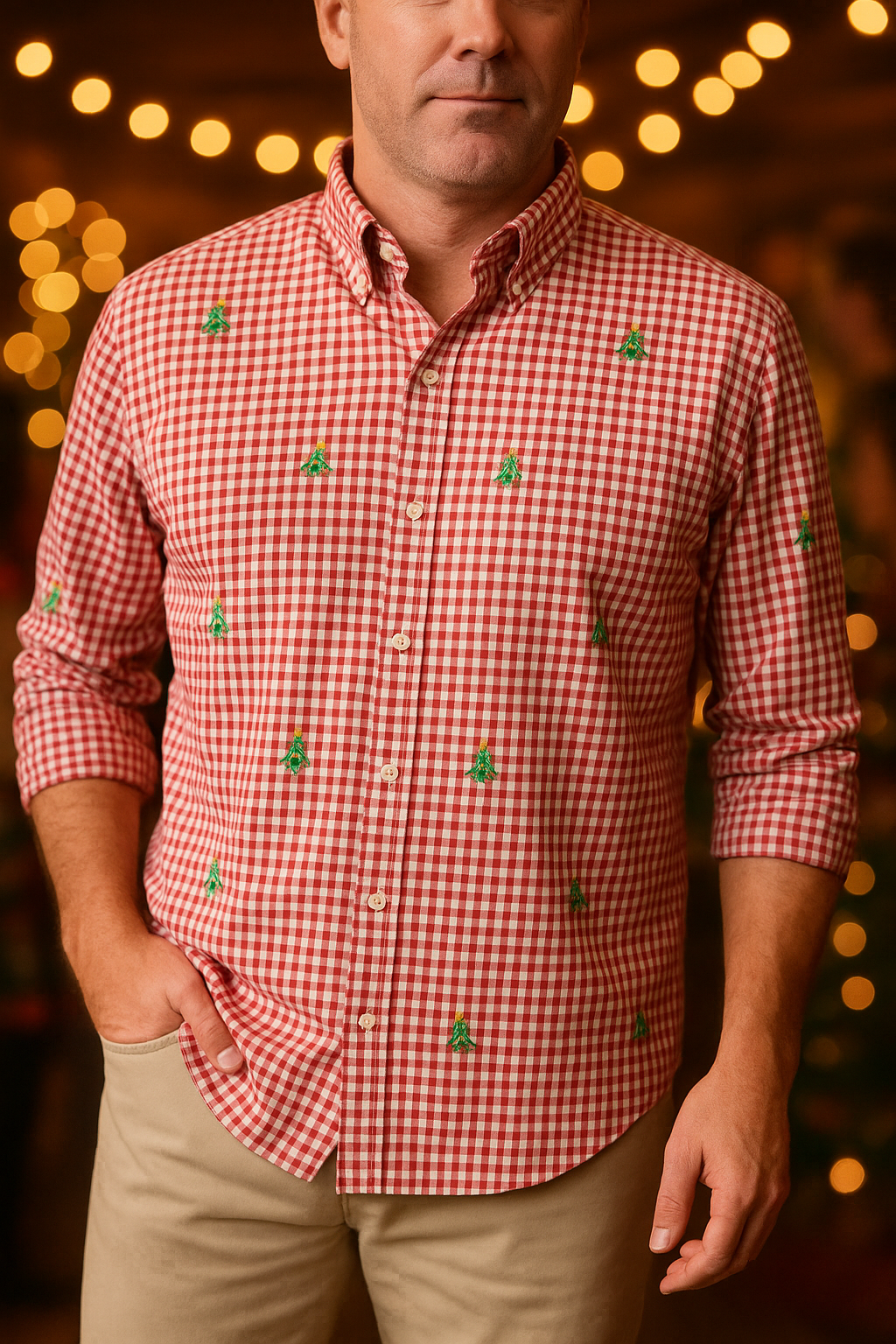 Rojo Camisa Straight Wharf roja a cuadros vichy con árbol de Navidad de venta al por mayor en Faire3