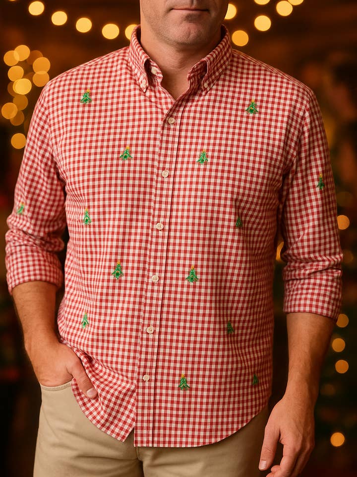 Rosso Camicia Straight Wharf rossa a quadretti con albero di Natale in vendita all'ingrosso su Faire3