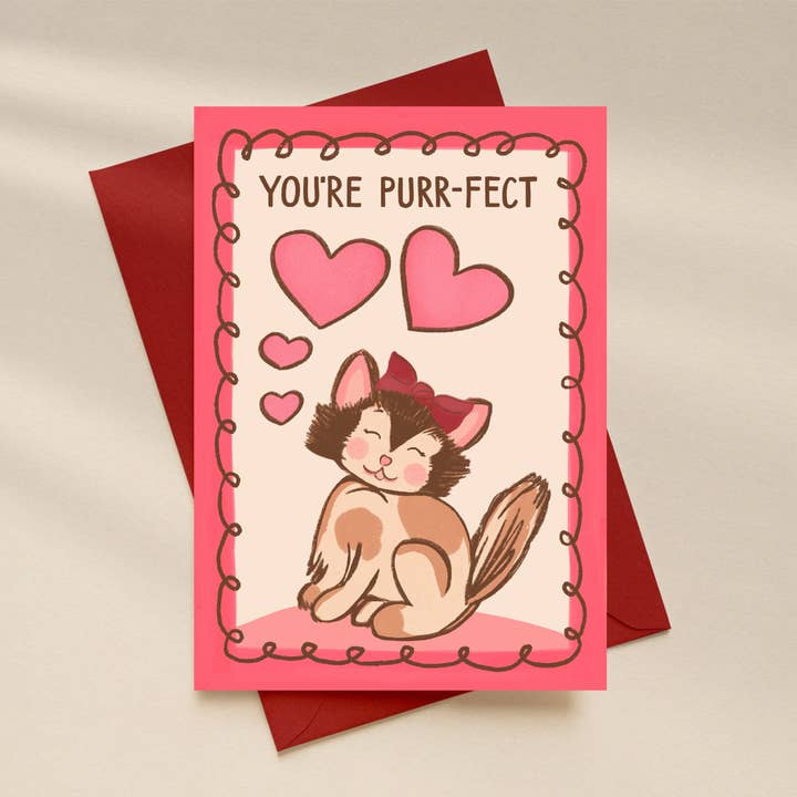 Kitsch Kitten Valentines Day Card - You’re Purrfect for wholesale by Amanda Clarke Illustration