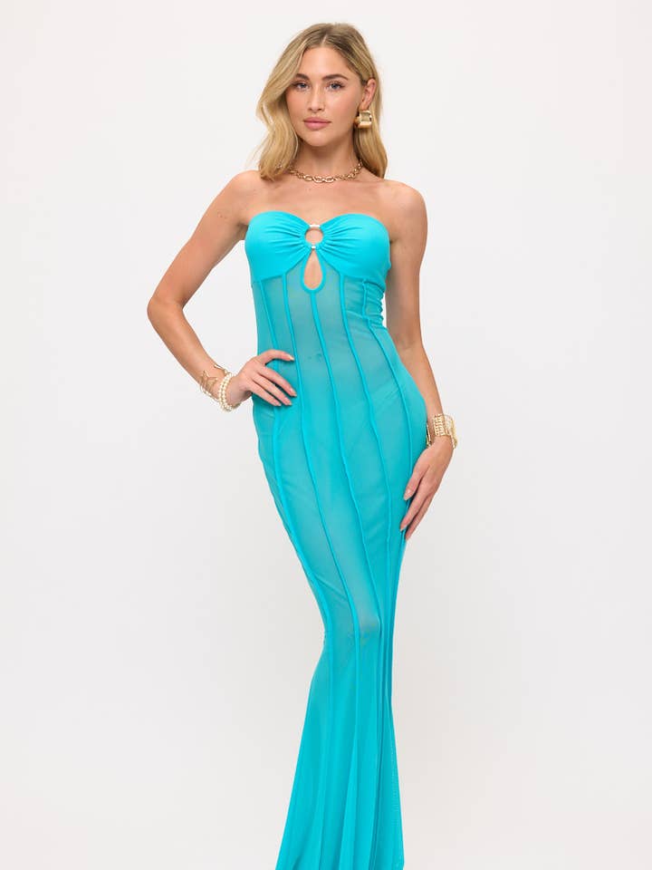 SHEER MESH PLEATED MAXI DRESS for wholesale by Hesperus