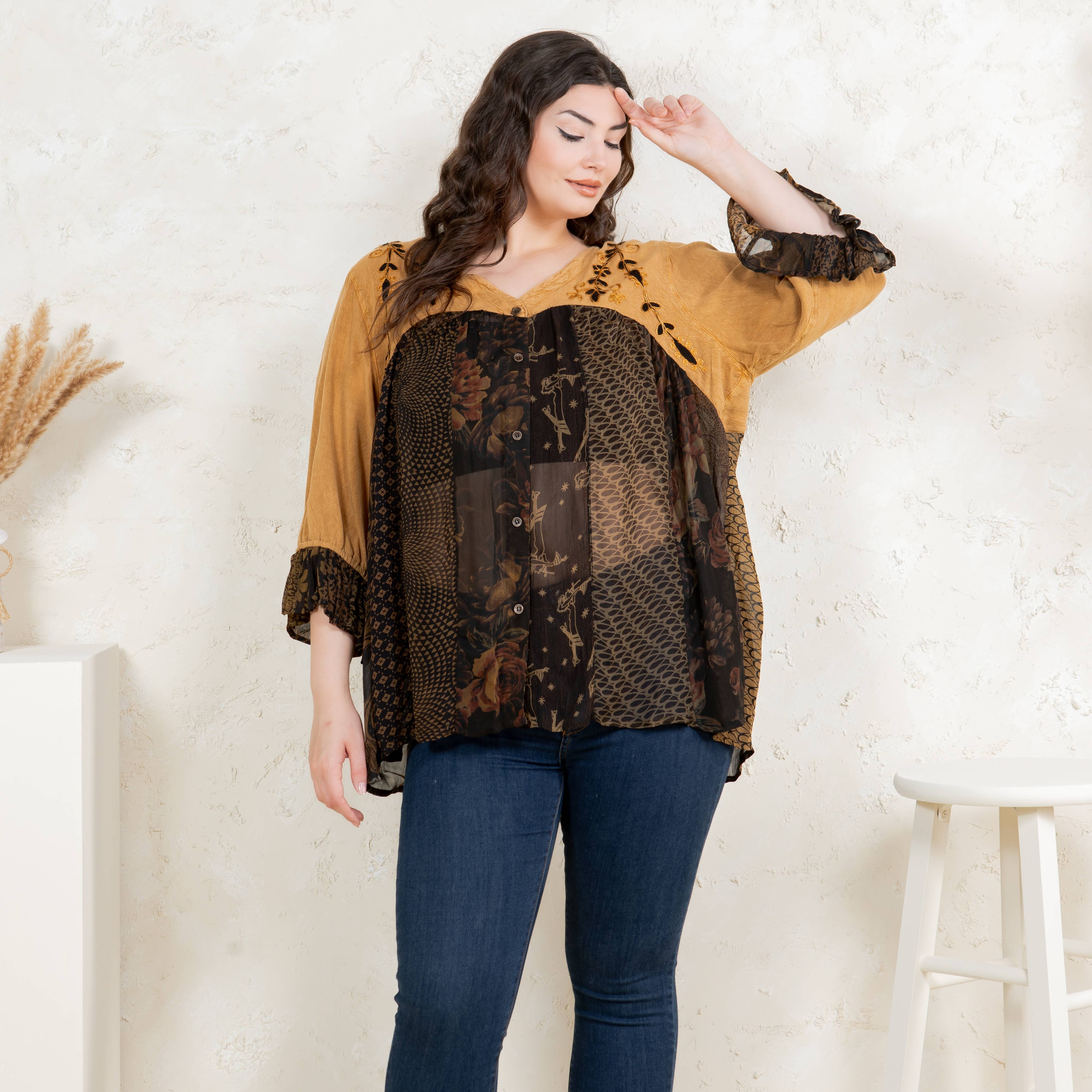 Young Threads - Wholesale Button Down Shirt - Women's - Boho Delight: Overdyed Rayon V-Neck Top16