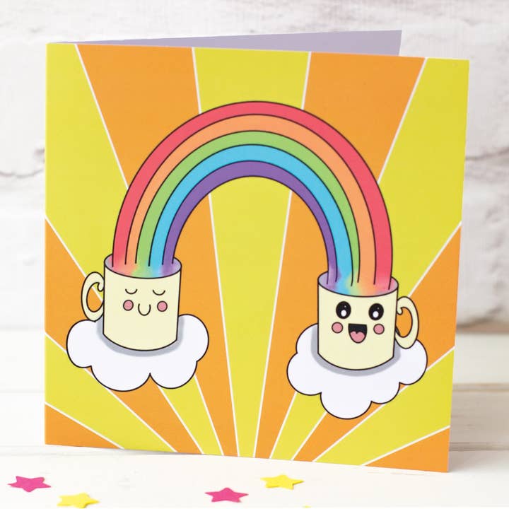 Send a Smile. Happy, Cute Mugs and Rainbows Greeting Card. for wholesale by fizzi-jayne