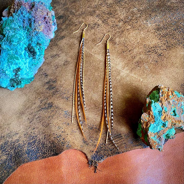 Mini Feather Earrings - Grizzly & Fawn/Gold, Boho Western for wholesale by ASTALI