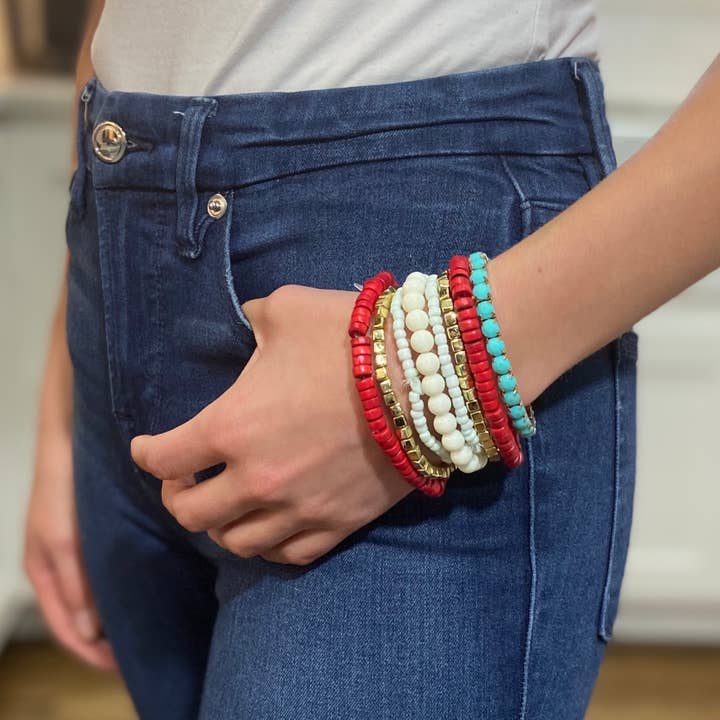 Funky Monkey Fashion - Wholesale Beaded Bracelet - *$3.97 Closeout* Boho Bracelet - Red/Turquoise