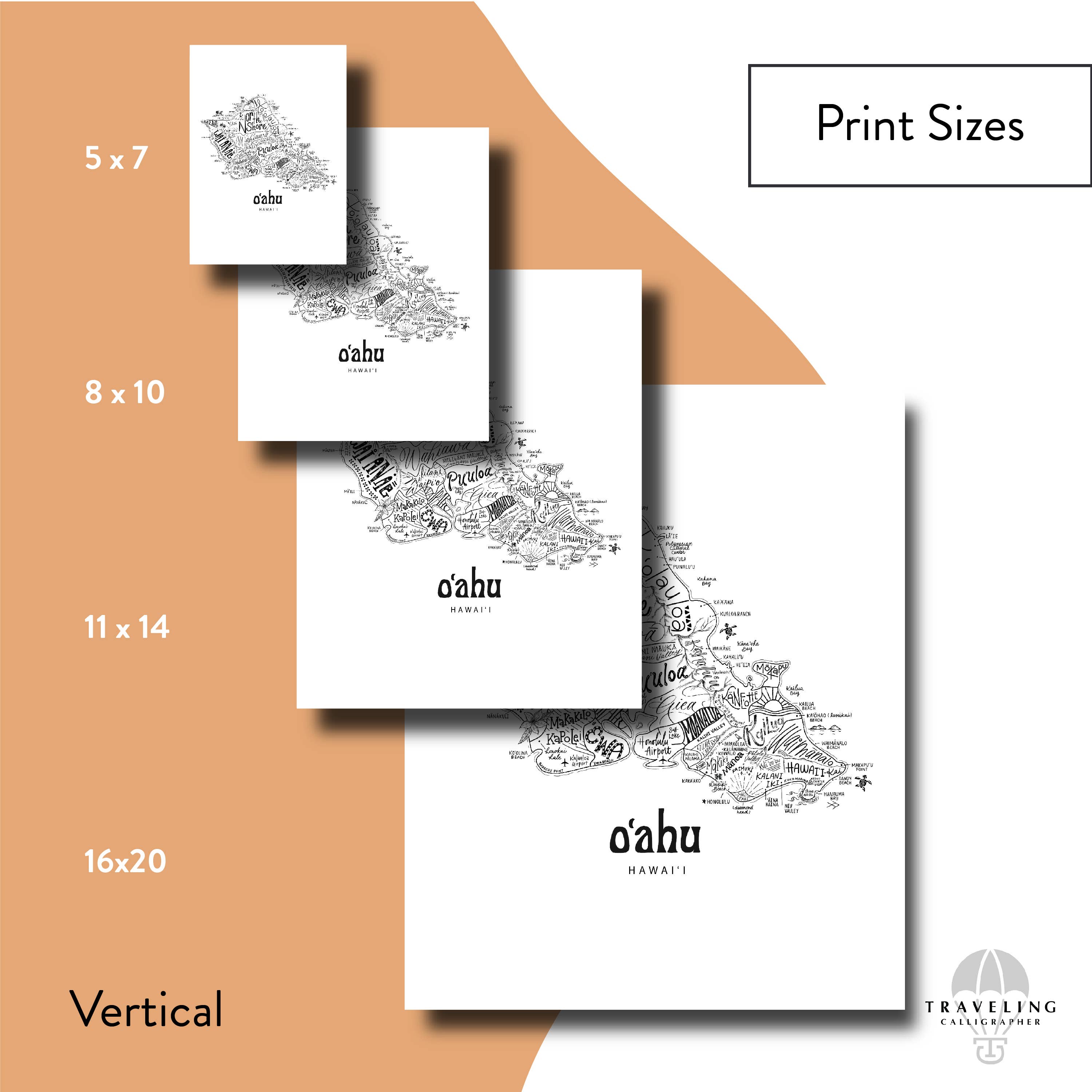 Traveling Calligrapher – Großhandel Kunstdruck – Karte der Nachbarschaft von Oahu Drucken1
