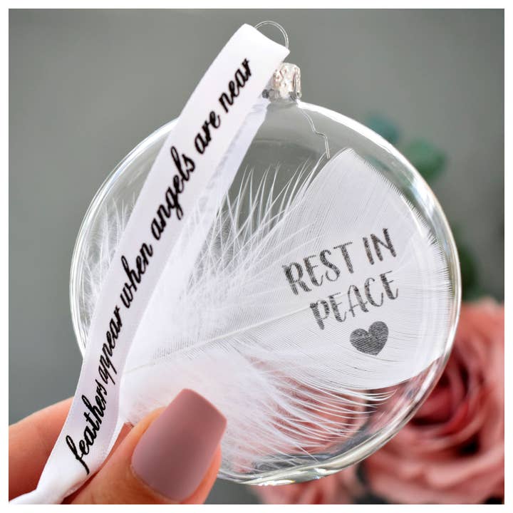 Amaya Rose Ltd. - Wholesale Ornament - REST IN PEACE Memory Bauble Glass Round. Real White Feather