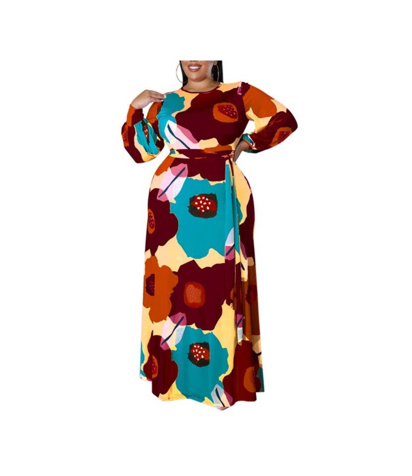 pinkblu02 - Wholesale Dress - Women's - Women Plus Size Long Sleeve Floral Print Round Neck Dress4