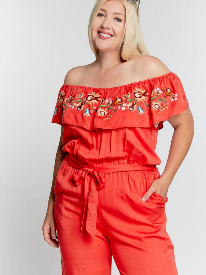 Davi & Dani - Wholesale Jumpsuit - Women's - PLUS SIZE FLORAL EMBROIDERED OFF SHOULDER JUMPSUIT2
