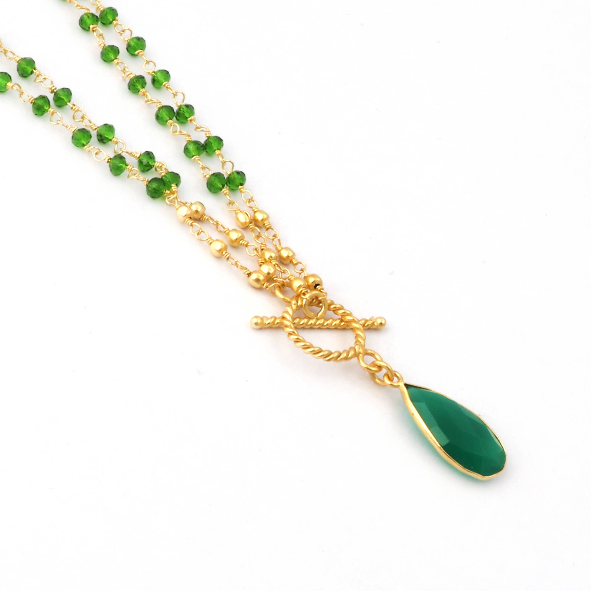 El Joyero - Wholesale Pendant/Charm Necklace - Green Onyx Drop Pendant Gold Plated Beaded Chain Necklace2