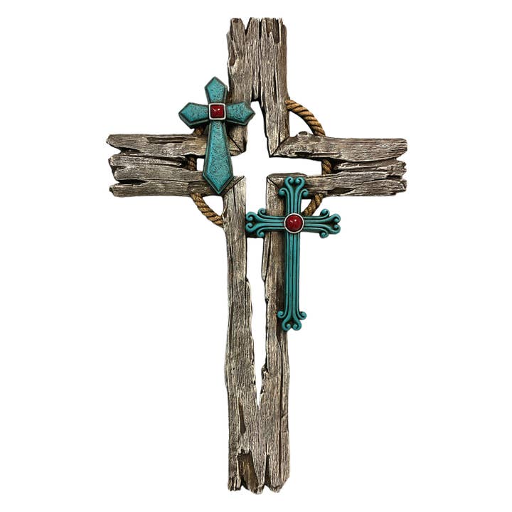 De Leon Collections - Wholesale Wall Cross - Cross 2 Turquoise Crosses on Wood 9.8"X1"X15.3", 1/12/case