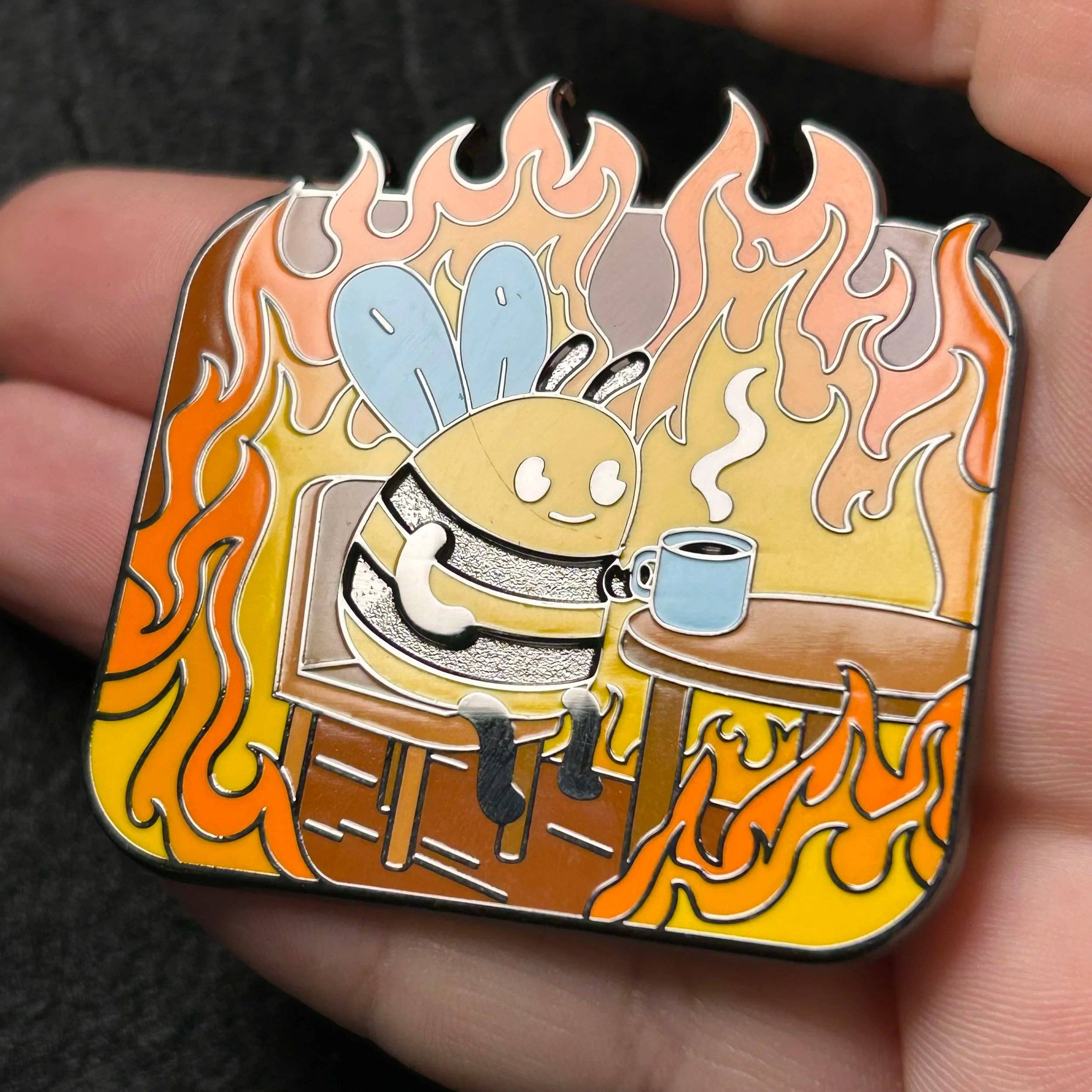 Pin Hive LLC - Wholesale Lapel Pin/Button - Everything Is Fine - Bee Sipping Tea In Fire Enamel Pin8