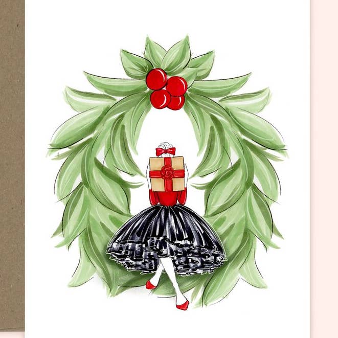 Almeida Illustrations - Wholesale Christmas Card - Wreath Girl Christmas Holiday Greeting Card0