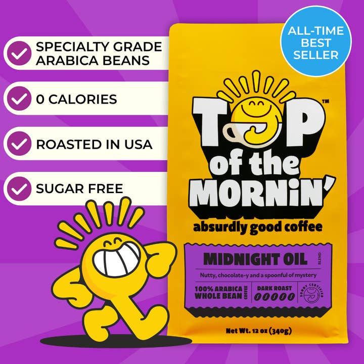 Midnight Oil Dark Roast Coffee | 12oz | Ground & Whole Bean for wholesale by Top of the Mornin' Coffee