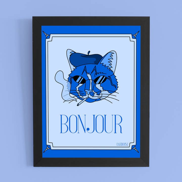 Impression artistique French Pheen, bleu, chat, tabac, béret pour la vente par Brianna Gardocki Art