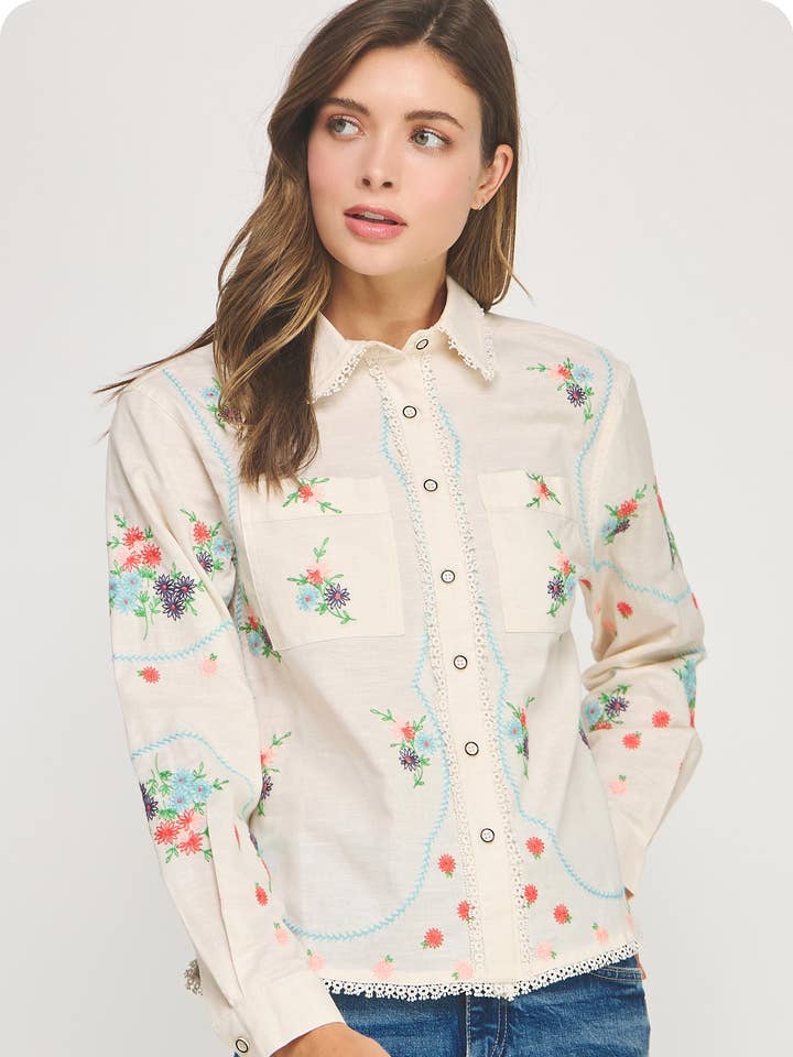 Camisa de lino con bordado de flores y manga larga para venta al por mayor de Strut & Bolt