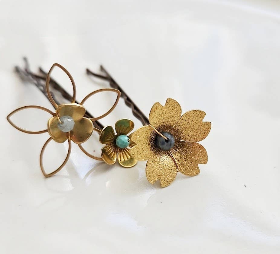 Sara Sela Jewelry - Wholesale Hair Pin - Brass Flower and Aquamarine, Turquoise and Lapis Hairpins2