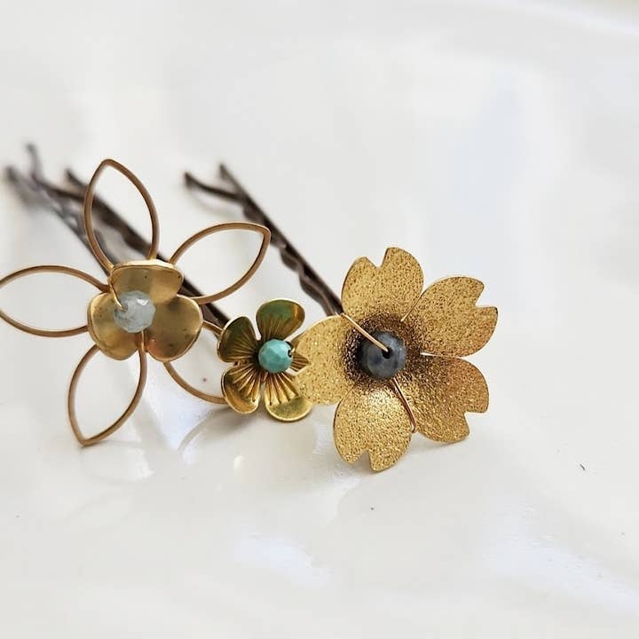 Sara Sela Jewelry - Wholesale Hair Pin - Brass Flower and Aquamarine, Turquoise and Lapis Hairpins2