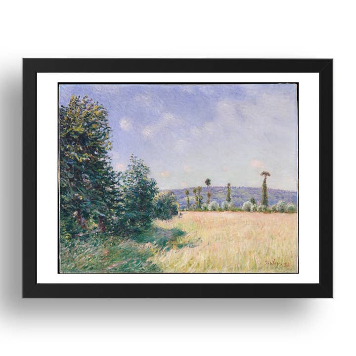 Alfred Sisley: Sahurs ängar i morgonsol (1894), vintage konstverk, A3-storlek reproduktionsaffisch i 17x13" svart ram för wholesale av PERIOD PRINTS