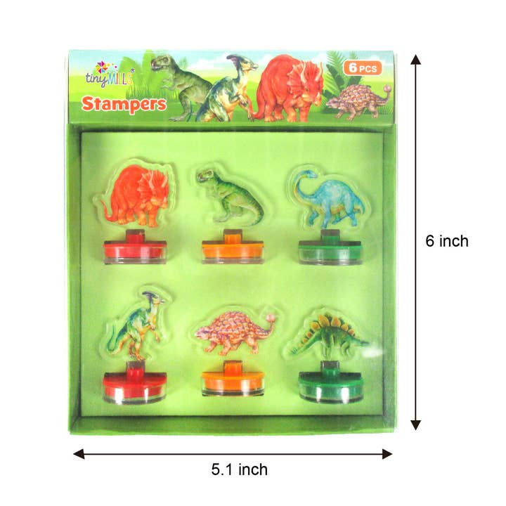 Tiny Mills - Vendita all'ingrosso Timbro in gomma/decorativo - Bambini e neonati - Timbri autoinchiostranti in acrilico con dinosauri giurassici, 6 pezzi