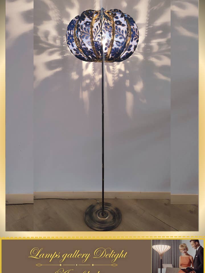 Floor lamp, art deco style floor lamp, blue and gold fabric shade, Unique lamp, handmade! 320301 for wholesale by DelightLamps