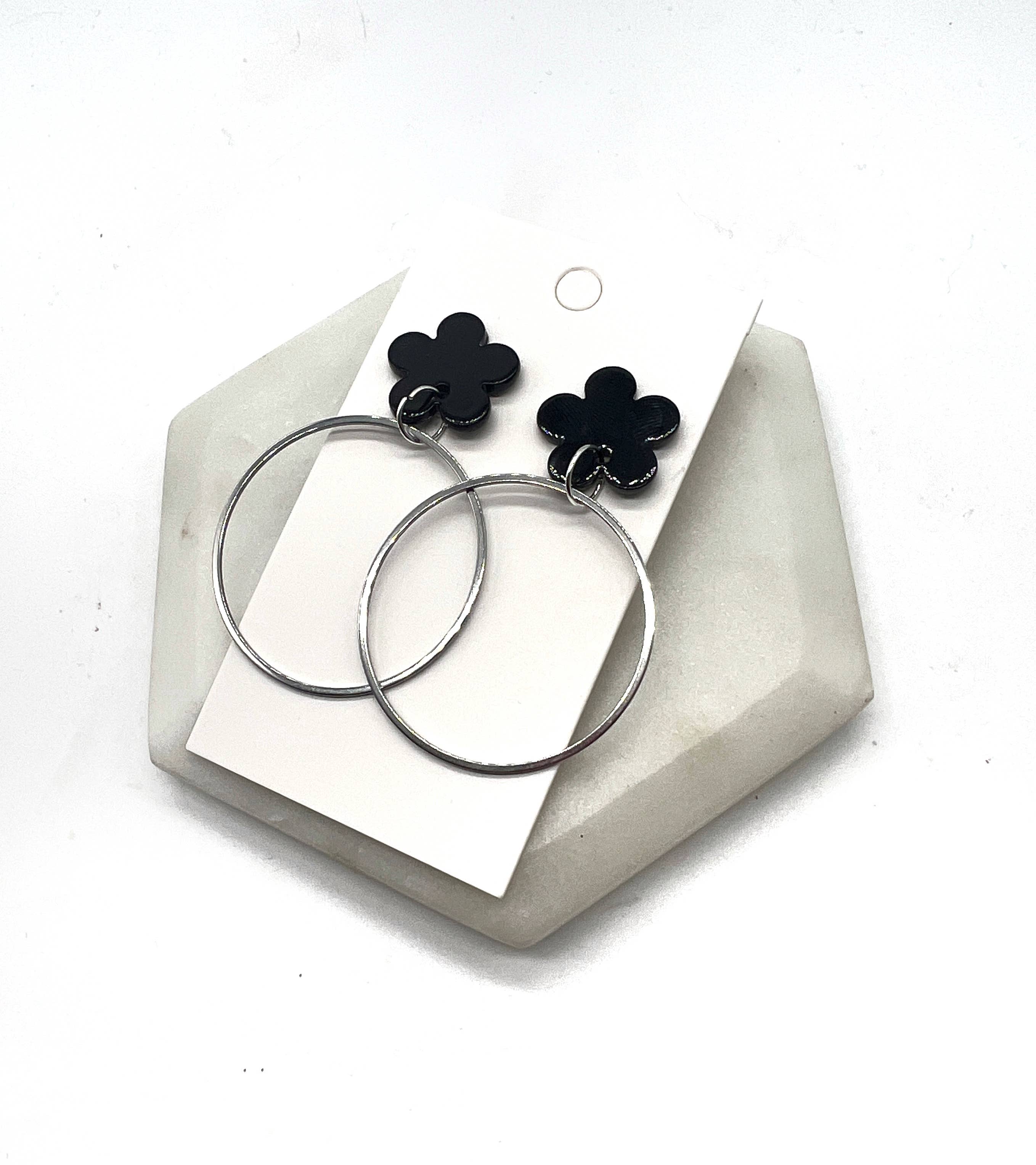 Baubles by B - Wholesale Dangle Earrings - Black Blossom Flower Silver Hoop Earrings11