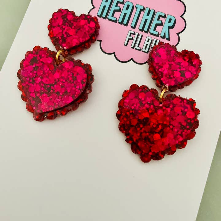 By Heather Filby - Wholesale Dangle Earrings - Frilly Double Heart Glitter Resin Earrings (More Colours)7
