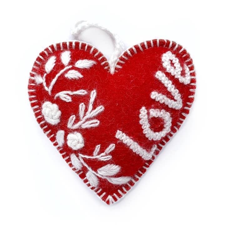 Love Red Heart Embroidered Wool Ornament for wholesale by Ornaments 4 Orphans