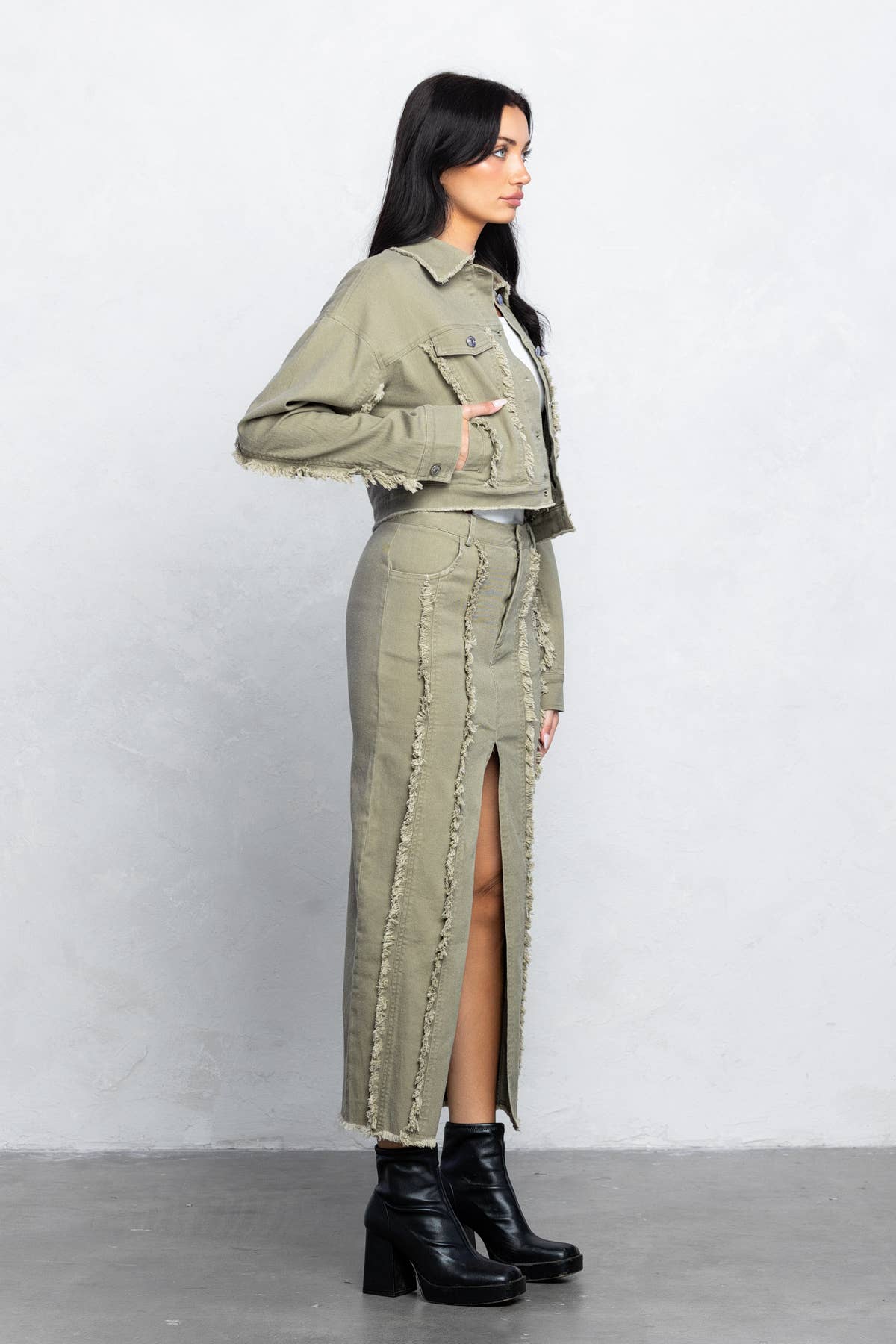Olive Frayed midi skirt w/ center slit for wholesale on Faire2