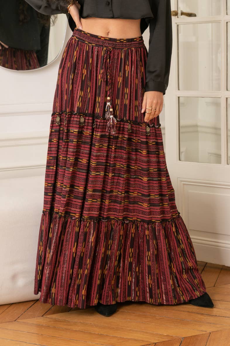 BURGUNDY Long skirt printed with LUREX, embroidered with sequins and serrab for wholesale on Faire4