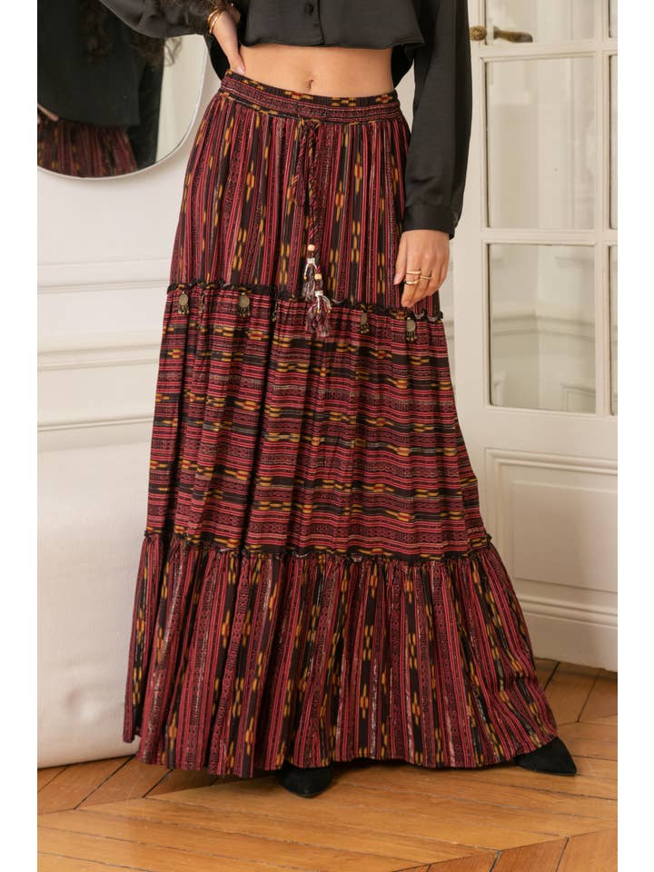BURGUNDY Long skirt printed with LUREX, embroidered with sequins and serrab for wholesale on Faire4