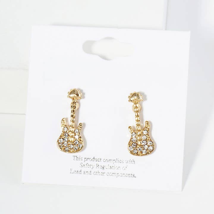 Sensibling Corp. - Wholesale Stud/Post Earrings - Crystal Stone Paved Guitar Stud Earrings