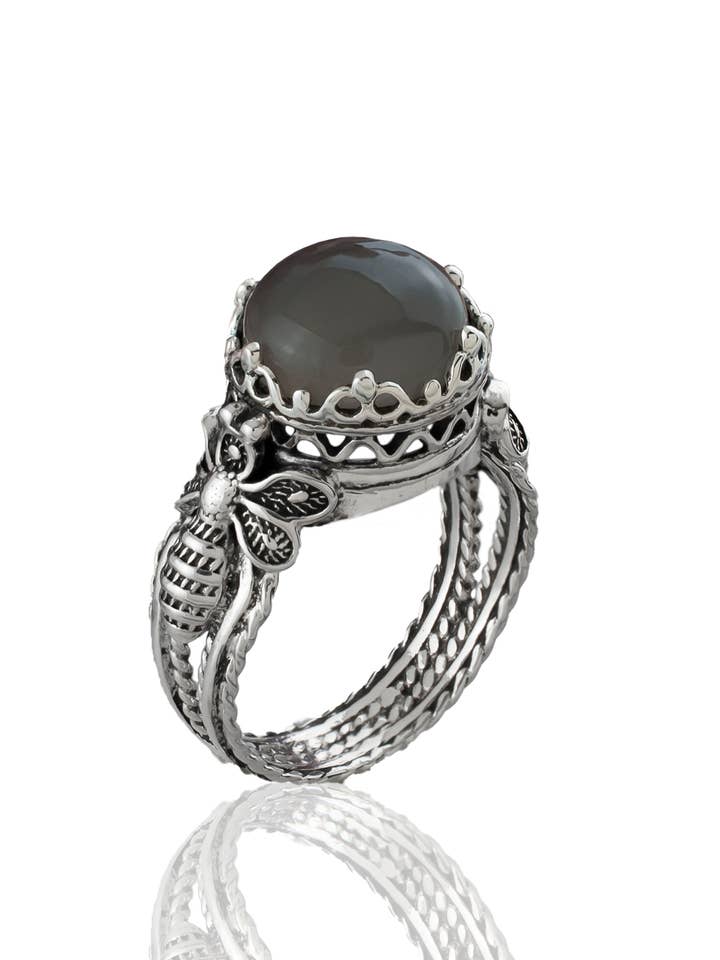 Art Bee Detailed Gray Moonstone Women Silver Ring for wholesale by Filigranist Jewelry