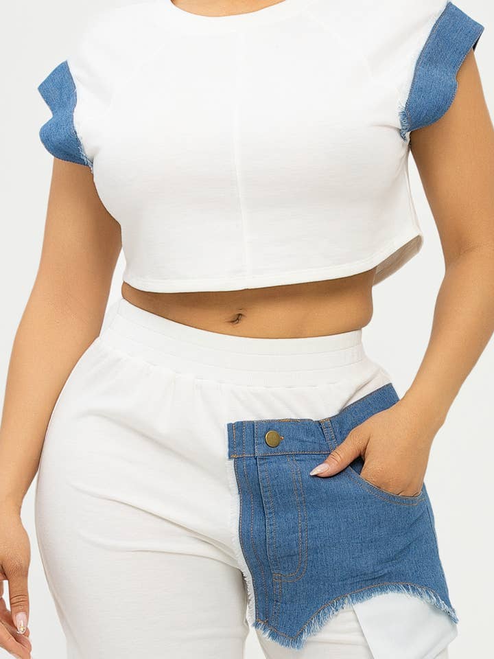 Julia by LoveJ - Wholesale Top & Short Set (NOT Loungewear) - Women's - Color Block Denim Sleeve Top And Biker Shorts Set14