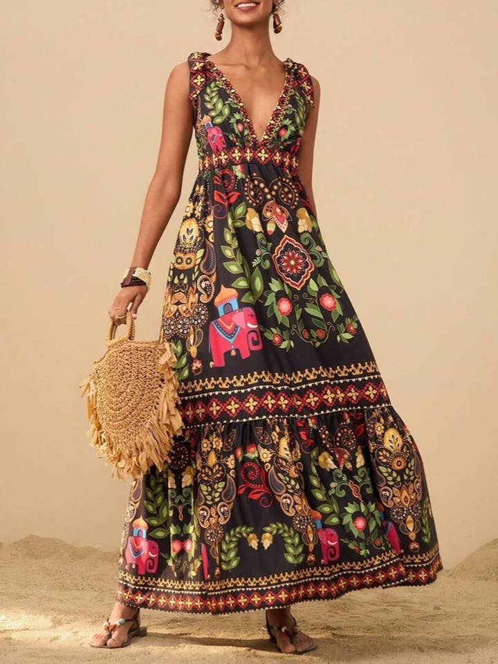 Rosa Clothing - Wholesale Dress - Women's - straps shoulder Tropical Floral print resort maxi dress9