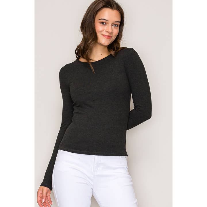Solid Crew Neck Rayon Rib Knit Long Sleeve Top for wholesale by Popular 21