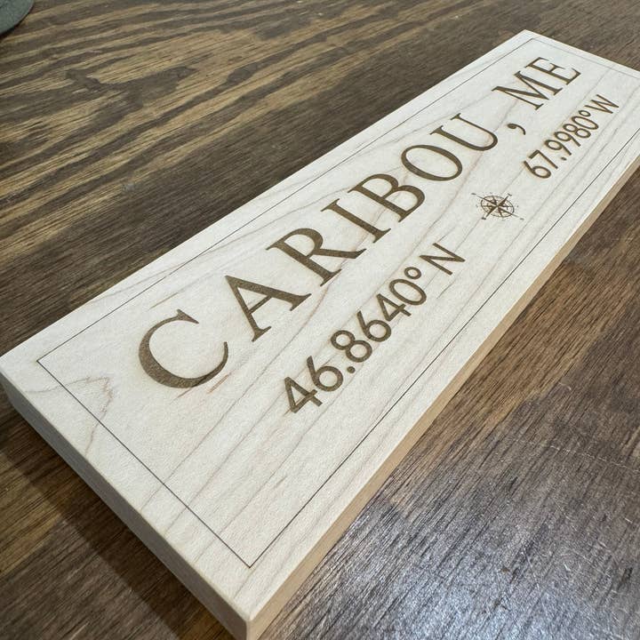 Creative Carpentry of Maine - Wholesale Plaque - Personalized Maple Plaque with City Name and Coordinates