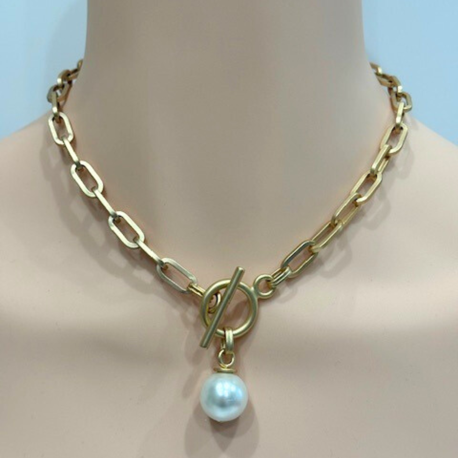Deborah Grivas Designs - Wholesale Pendant/Charm Necklace - Matte Gold Paperclip Chain With White Bubble Pearl Pendant1