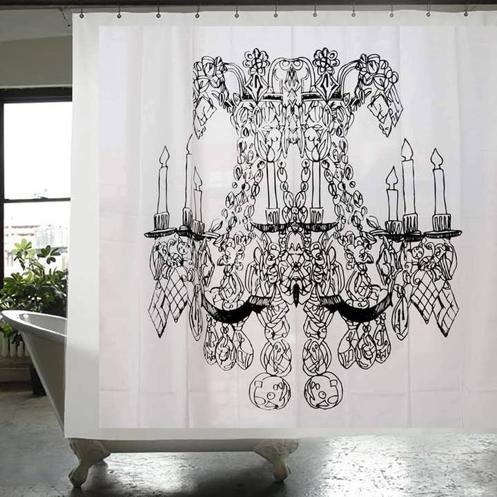 Lámpara Izola dibujada a mano por Alexa Pulitzer, cortina de ducha de tela, negro-blanco, 72 x 72 pulgadas para venta al por mayor de ShopBobbys