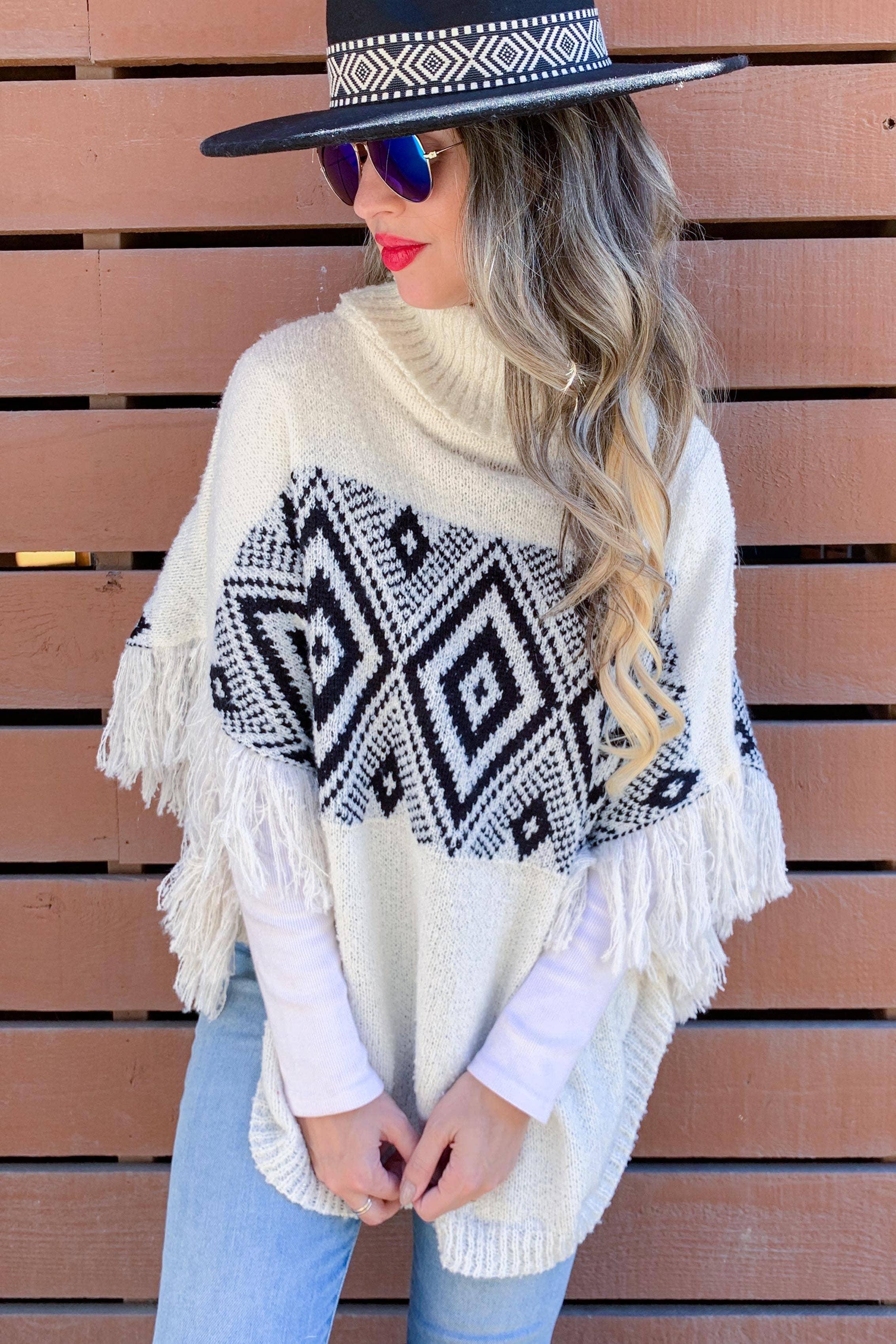 AMOLI - Wholesale Knit Sweater - Women's - Aztec Printed Turtleneck Fringe Light Weight Soft Poncho1